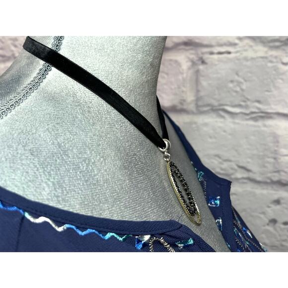 Handmade Black Velvet Choker with Upcycled Oval Faux Sapphire Studded Pendant - Picture 3 of 6